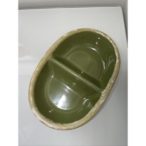 Hull Pottery Avocado Green Drip Oval Divided Vegetable Bowl/Casserole Oven Proof